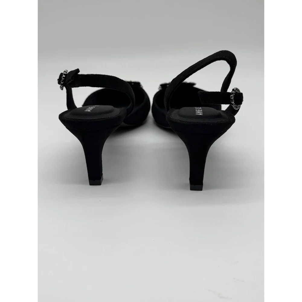 Anne Klein Akinez Black‎ Crystal Buckle Slingback Kitten Heel Pumps 7M New